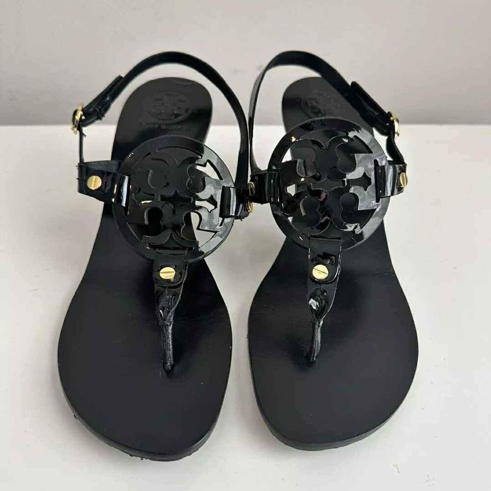 Tory Burch Designer Black Leather Holly Kitten Heel Sling Back Logo Sandals 8